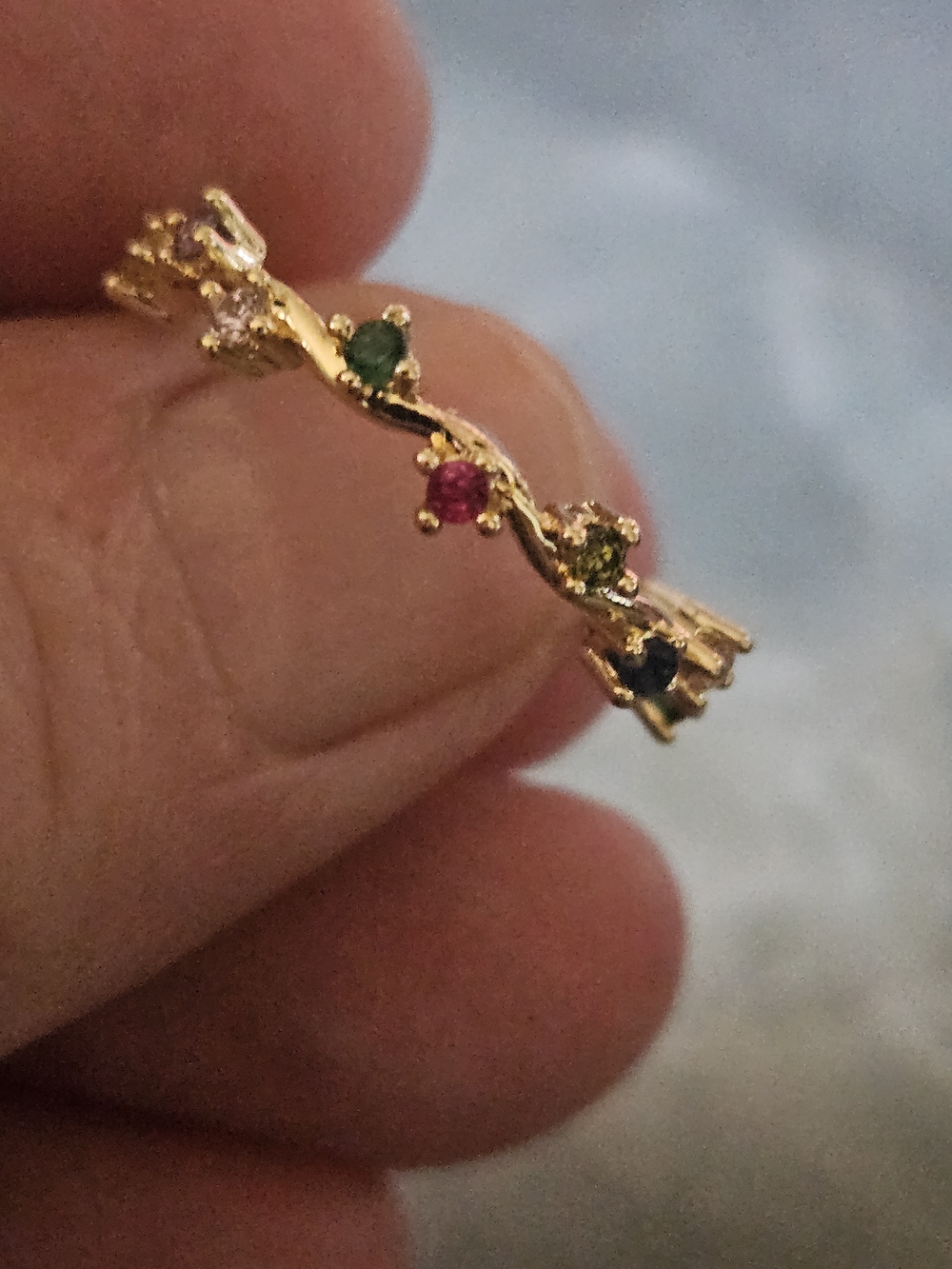 Gold Multi-Stone Women's Band Ring - Pink & Green Accents